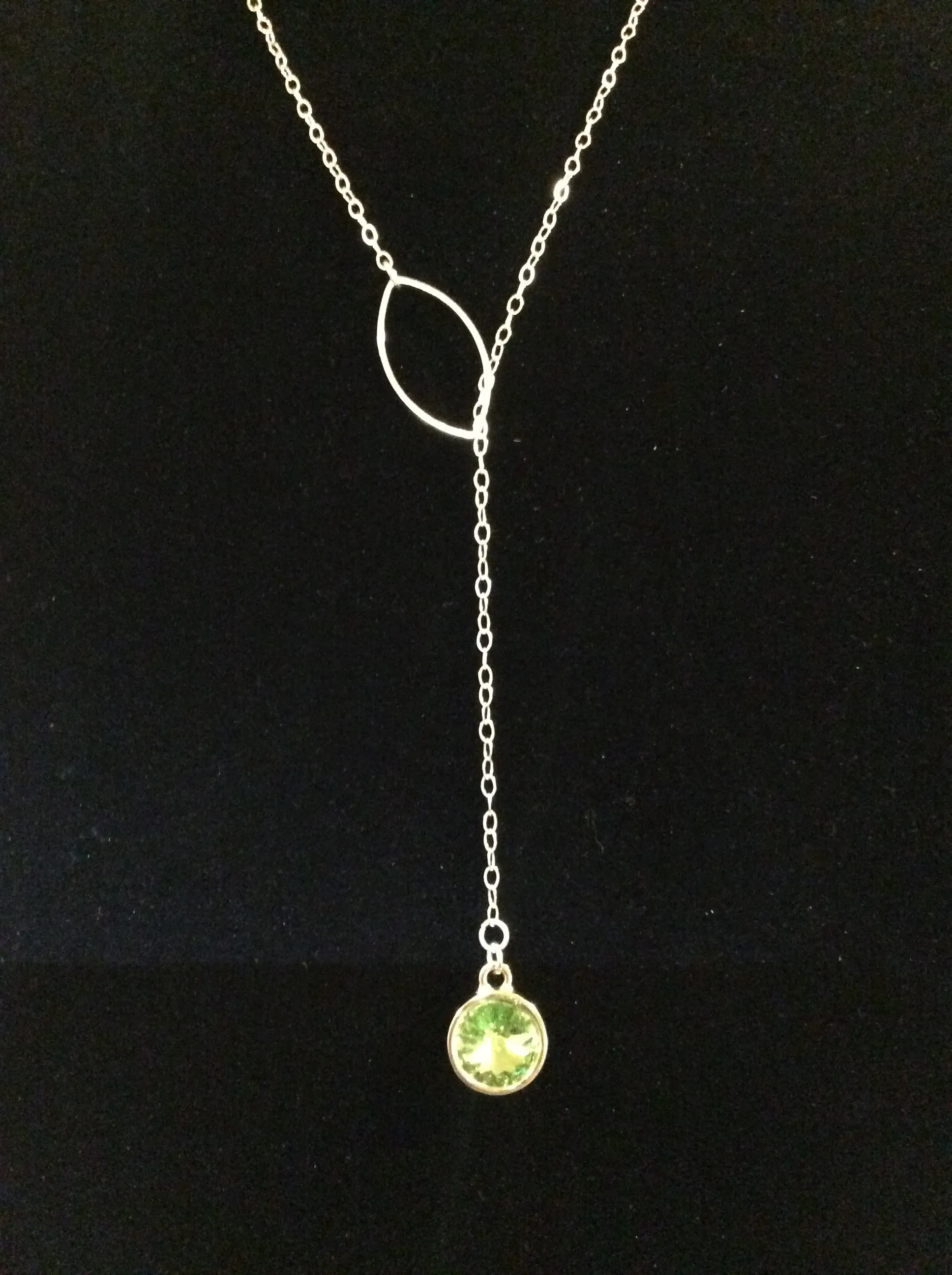 LACY- Swarvoski Crystal Green Peridot with Silver Charm, Lariat Style Necklace