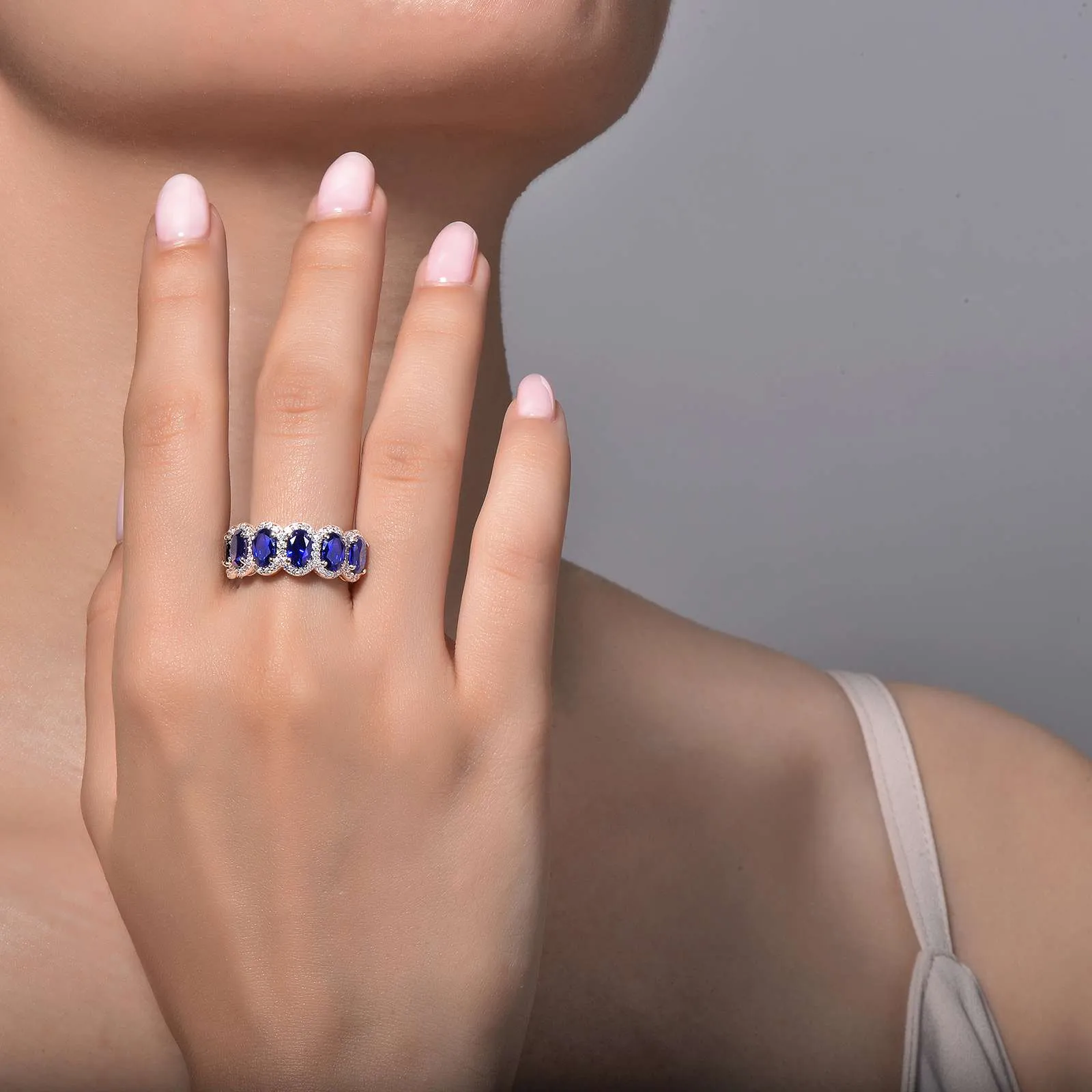 Lafonn Sterling Silver Platinum Plated Simulated Diamonds and Lab Grown Sapphires Halo Anniversary Eternity Band
