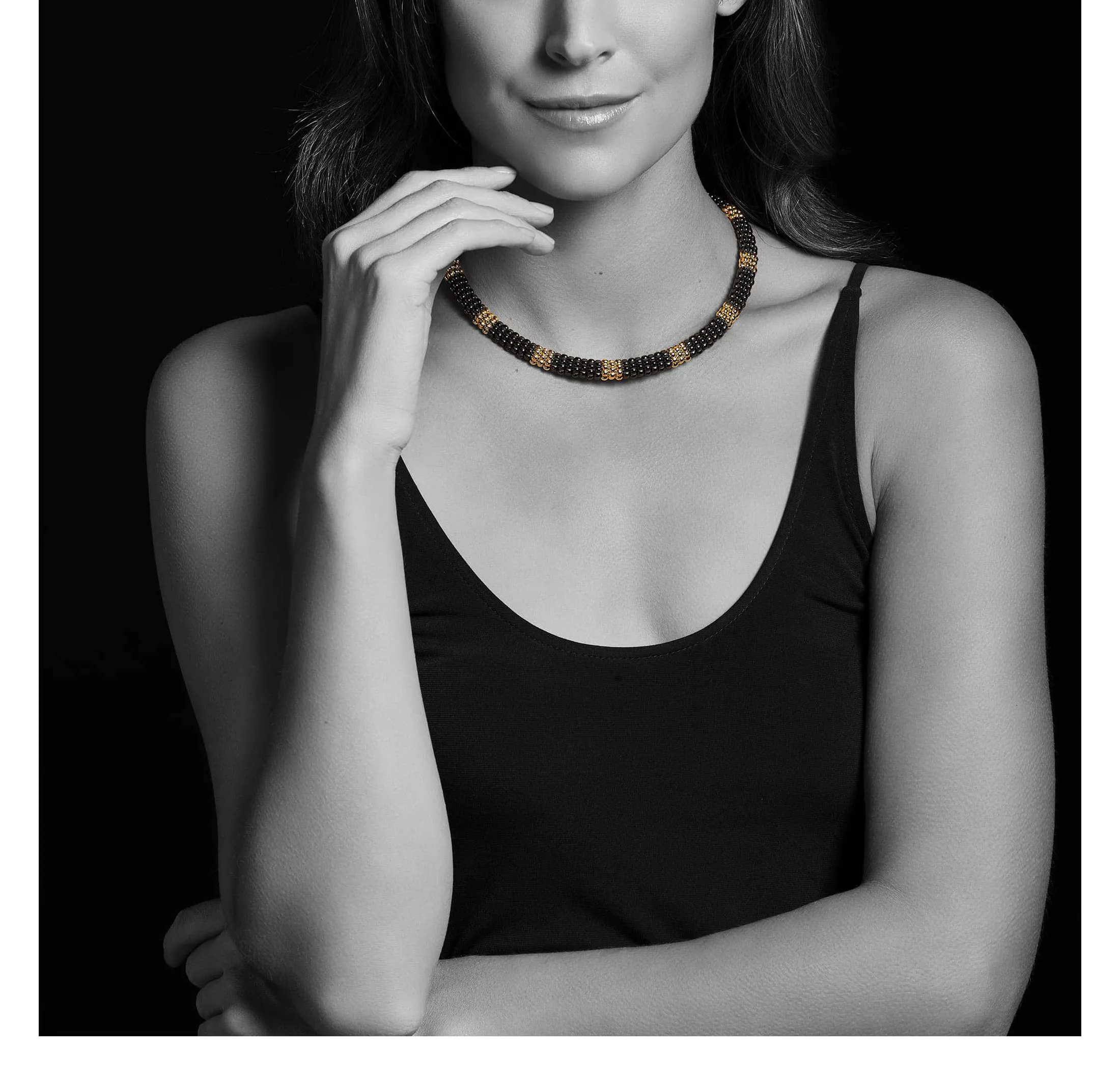 LAGOS Black Caviar 18K Gold Small Station Ceramic Beaded Necklace, 9mm