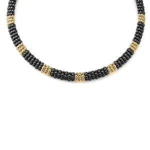 LAGOS Black Caviar 18K Gold Small Station Ceramic Beaded Necklace, 9mm