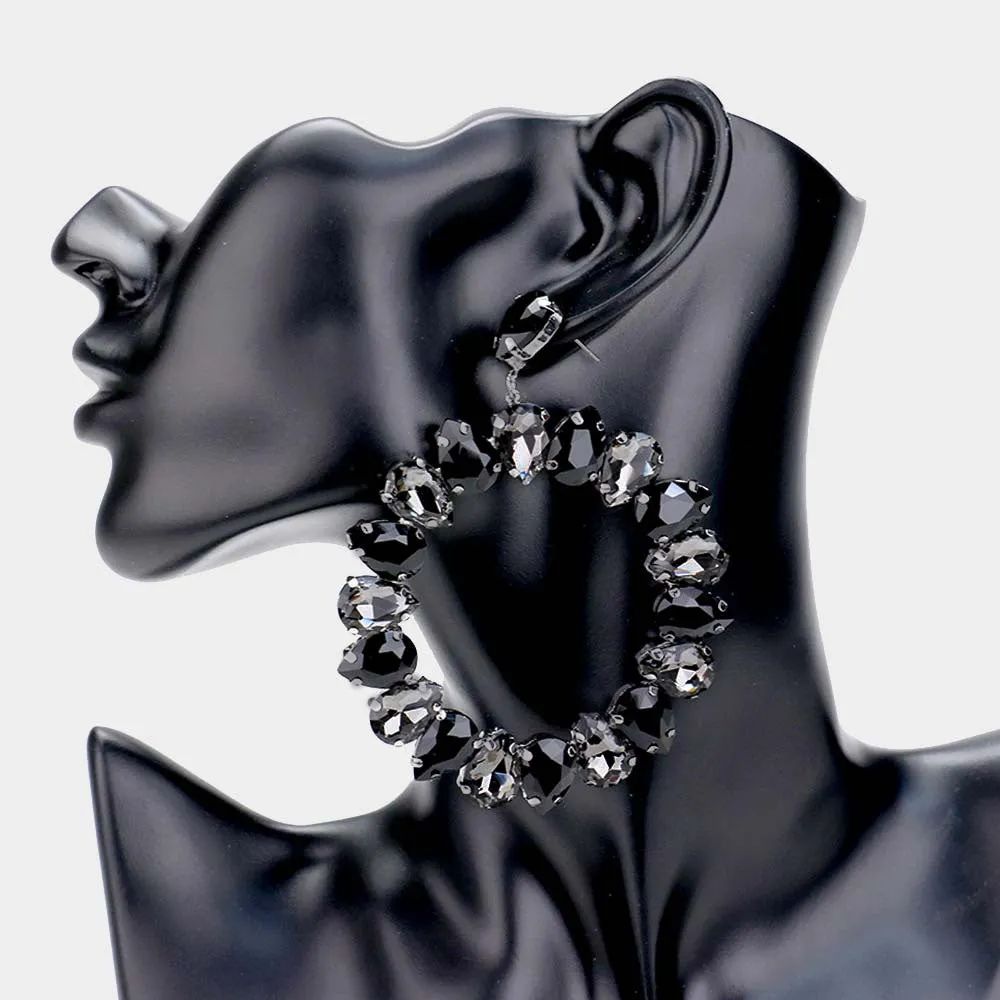 Large Black Diamond, Jet Black Crystal Teardrop Round Pageant Earrings  | 498954
