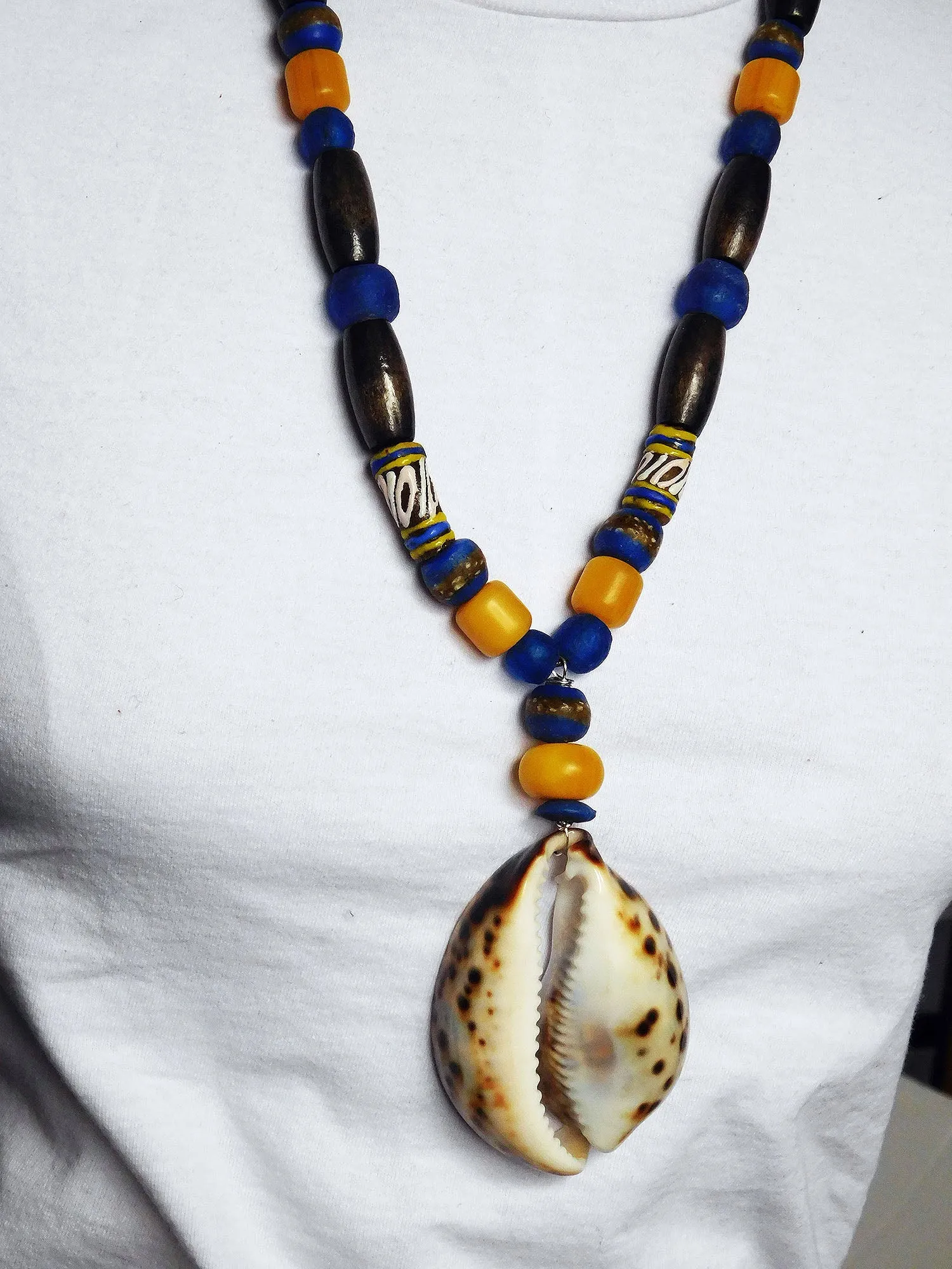 Large Cowrie Necklaces Blue Yellow Beaded Ethnic Jewelry