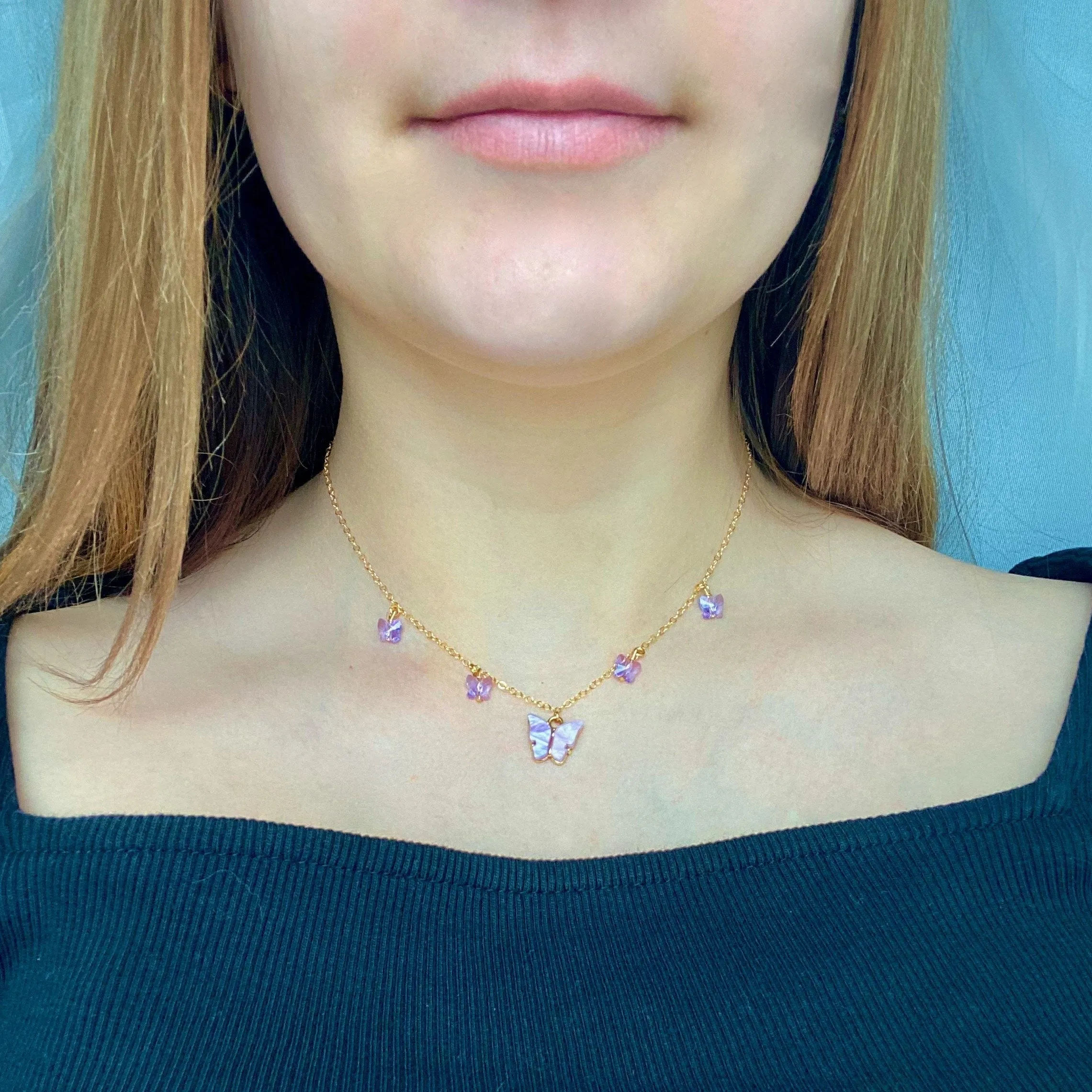 Lavender Butterfly Choker 14K Gold Necklace