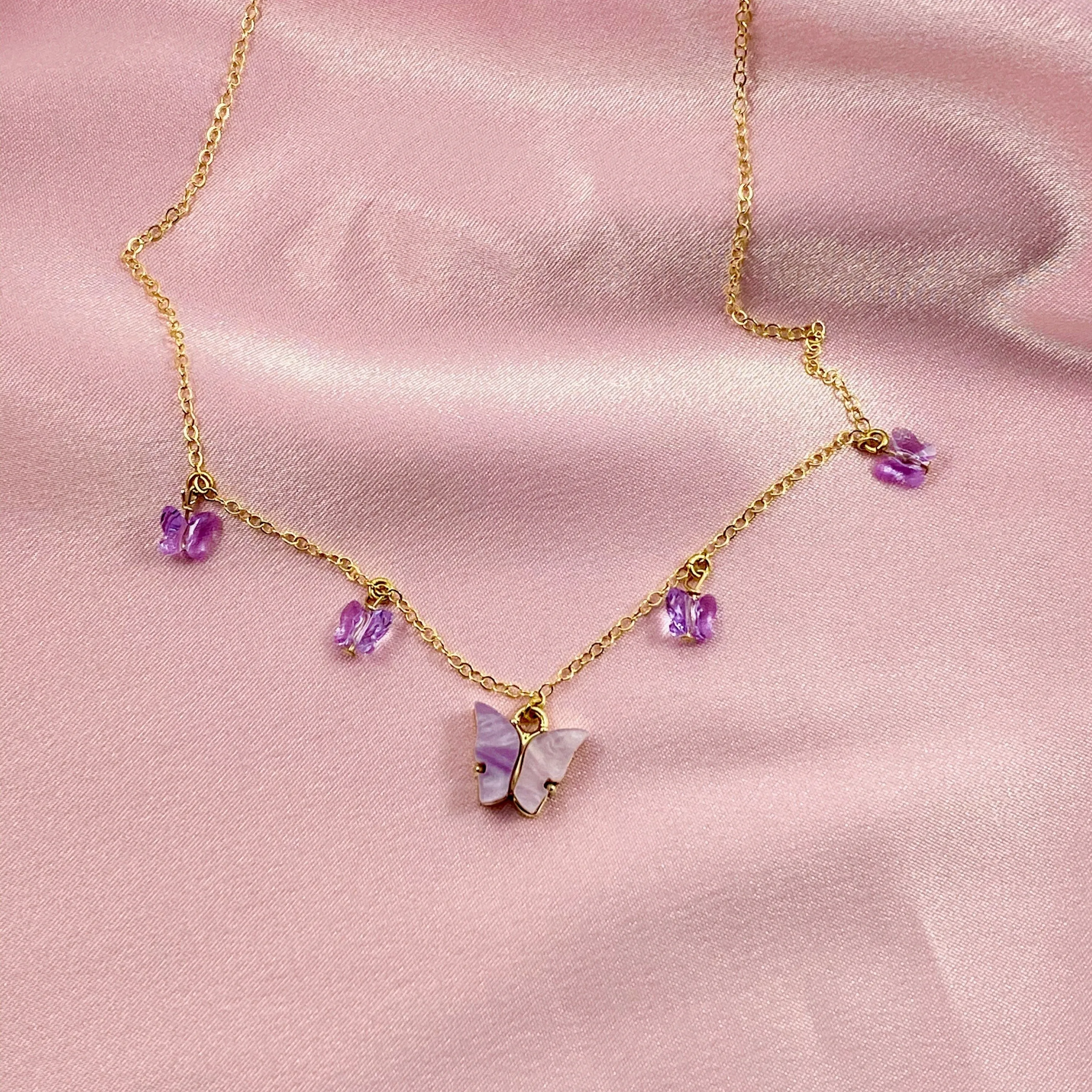 Lavender Butterfly Choker 14K Gold Necklace