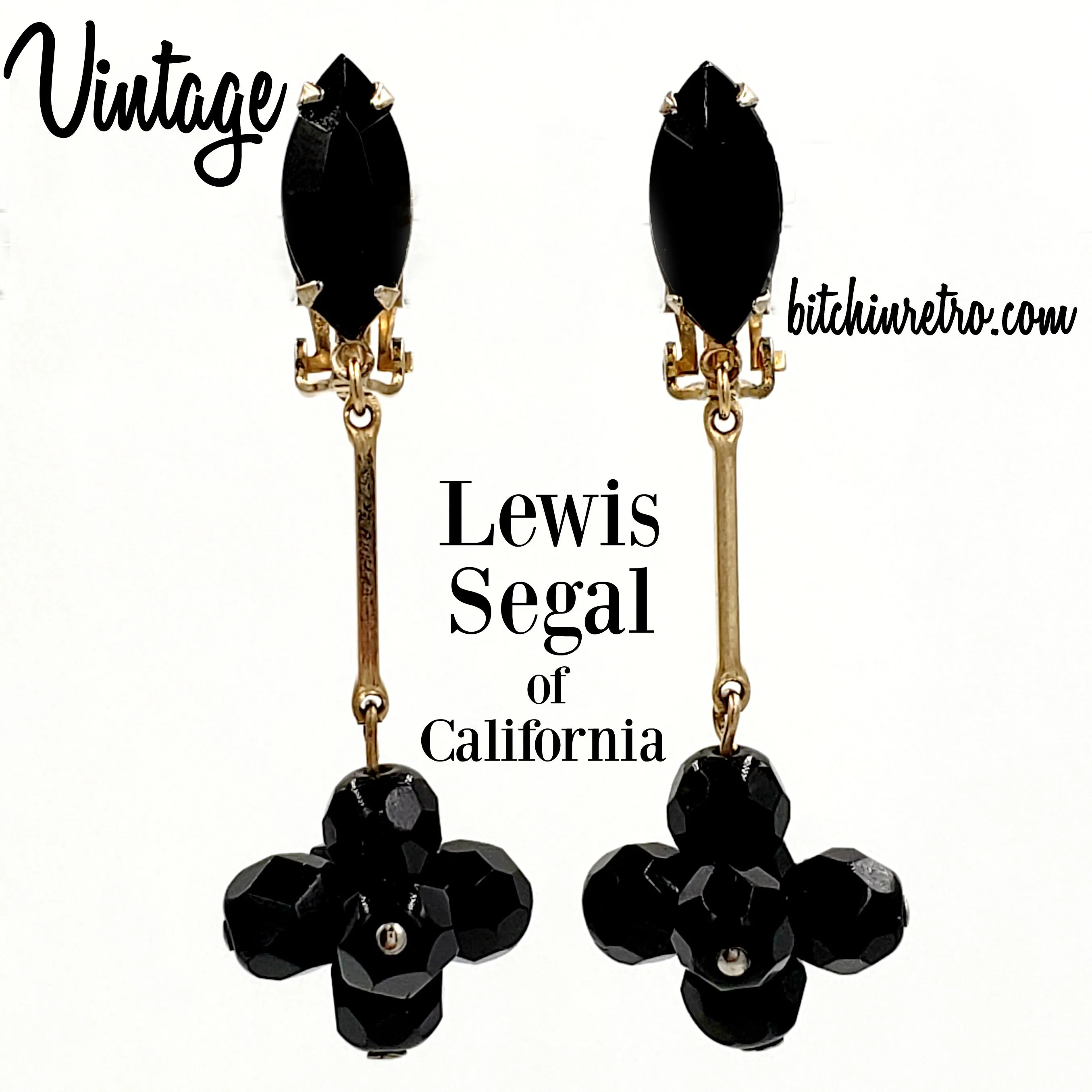 Lewis Segal of California Vintage Earrings with Black Glass Beads