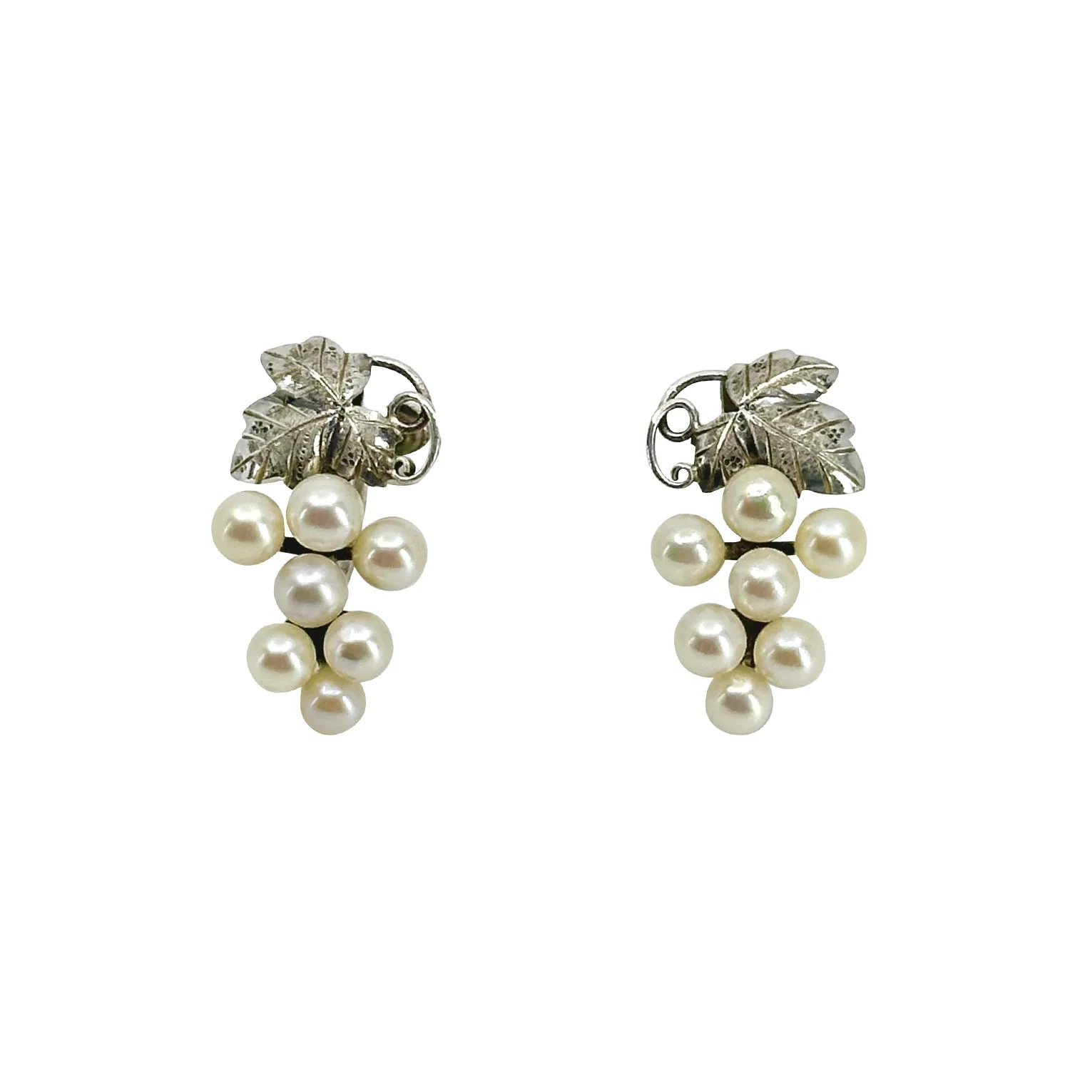 Long Cluster Grape Akoya Saltwater Cultured Pearl Screwback Vintage Earrings- Sterling Silver