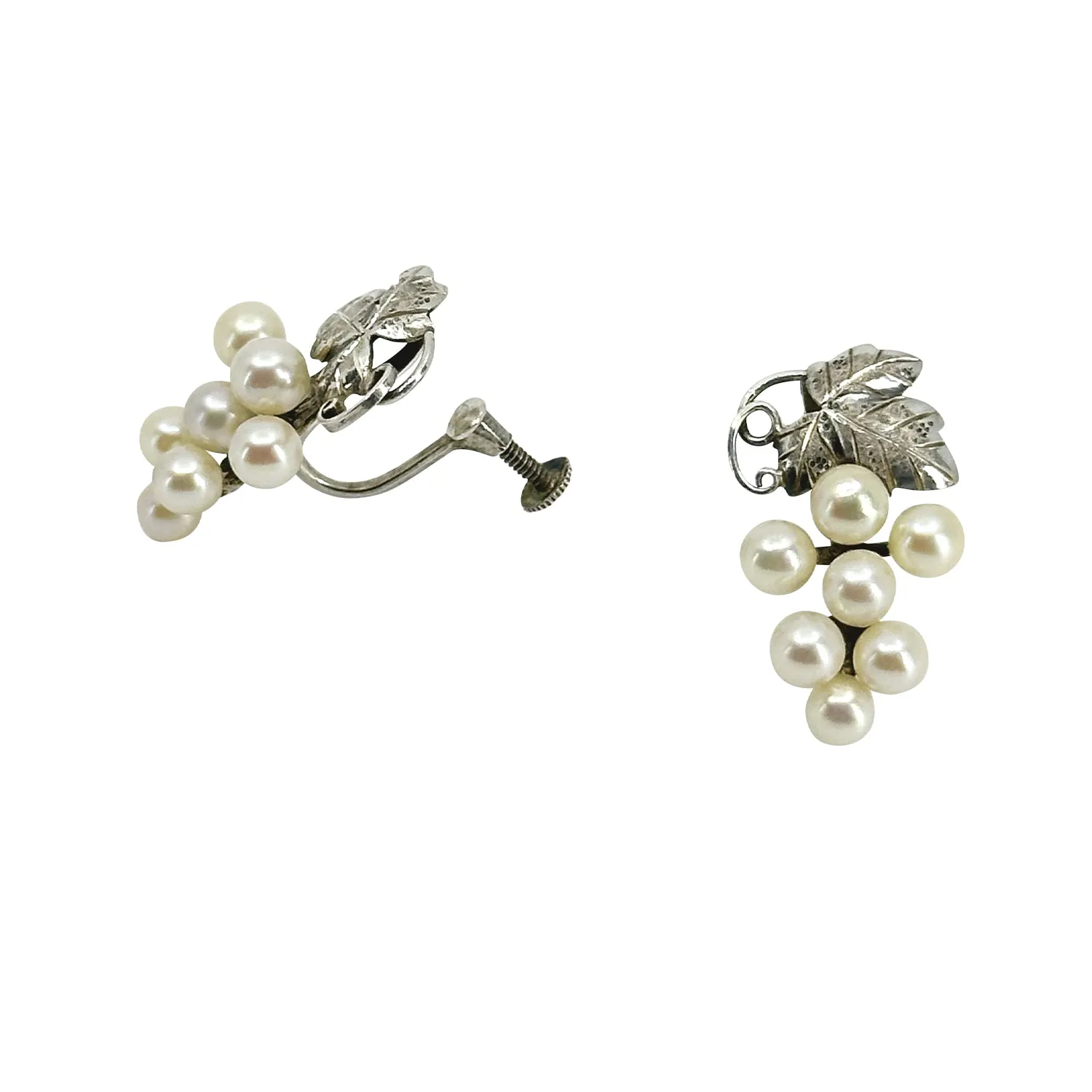 Long Cluster Grape Akoya Saltwater Cultured Pearl Screwback Vintage Earrings- Sterling Silver