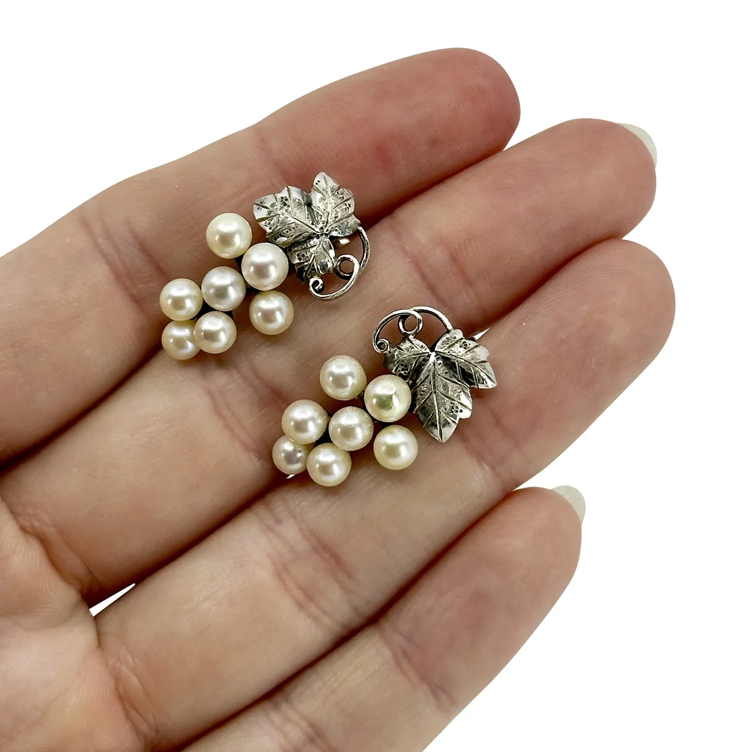 Long Cluster Grape Akoya Saltwater Cultured Pearl Screwback Vintage Earrings- Sterling Silver