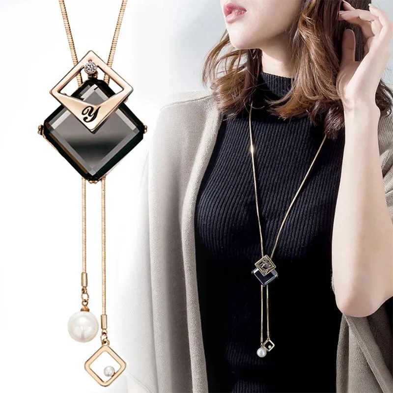 Long Necklaces & Pendants Fashion Geometric Crystal Statement Necklace For Women Collier Femme Pearl Choker