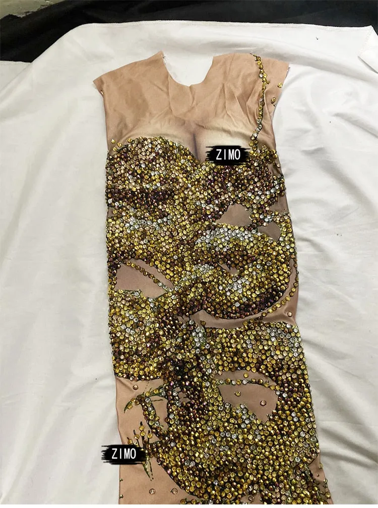 Luxury Rhinestones Gold Ruched 3D Print Long Mermaid  Dress