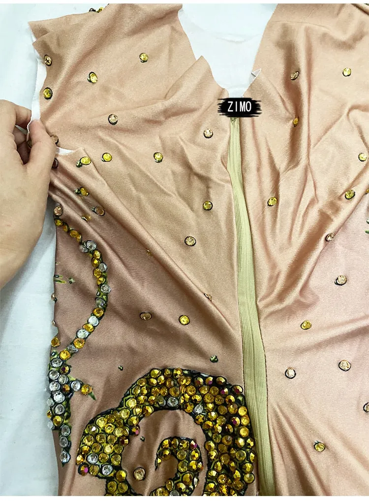 Luxury Rhinestones Gold Ruched 3D Print Long Mermaid  Dress