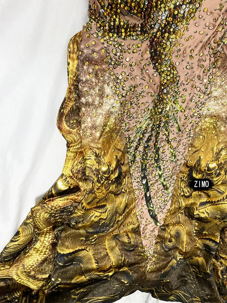 Luxury Rhinestones Gold Ruched 3D Print Long Mermaid  Dress