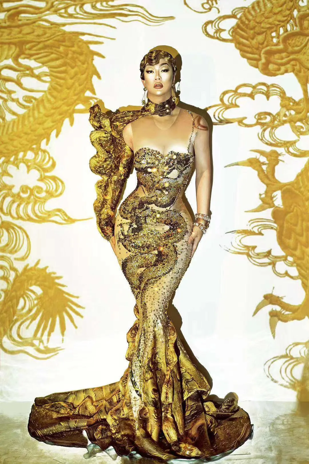 Luxury Rhinestones Gold Ruched 3D Print Long Mermaid  Dress