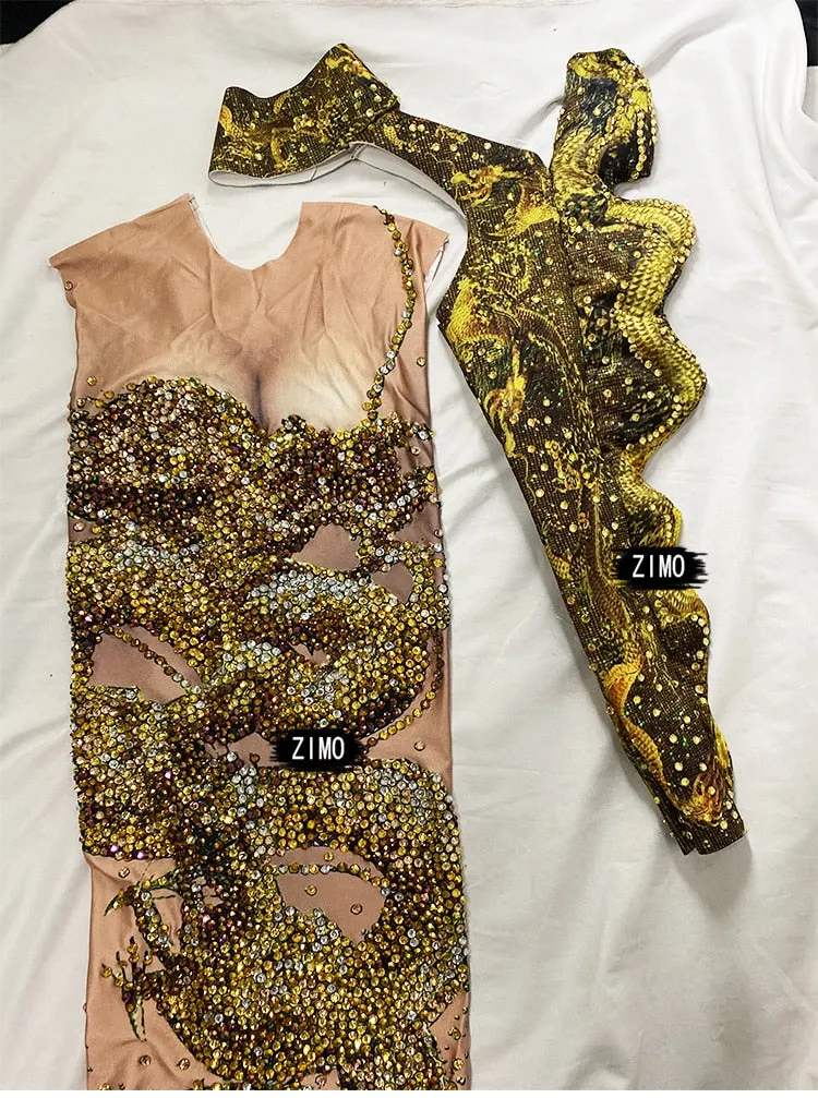 Luxury Rhinestones Gold Ruched 3D Print Long Mermaid  Dress