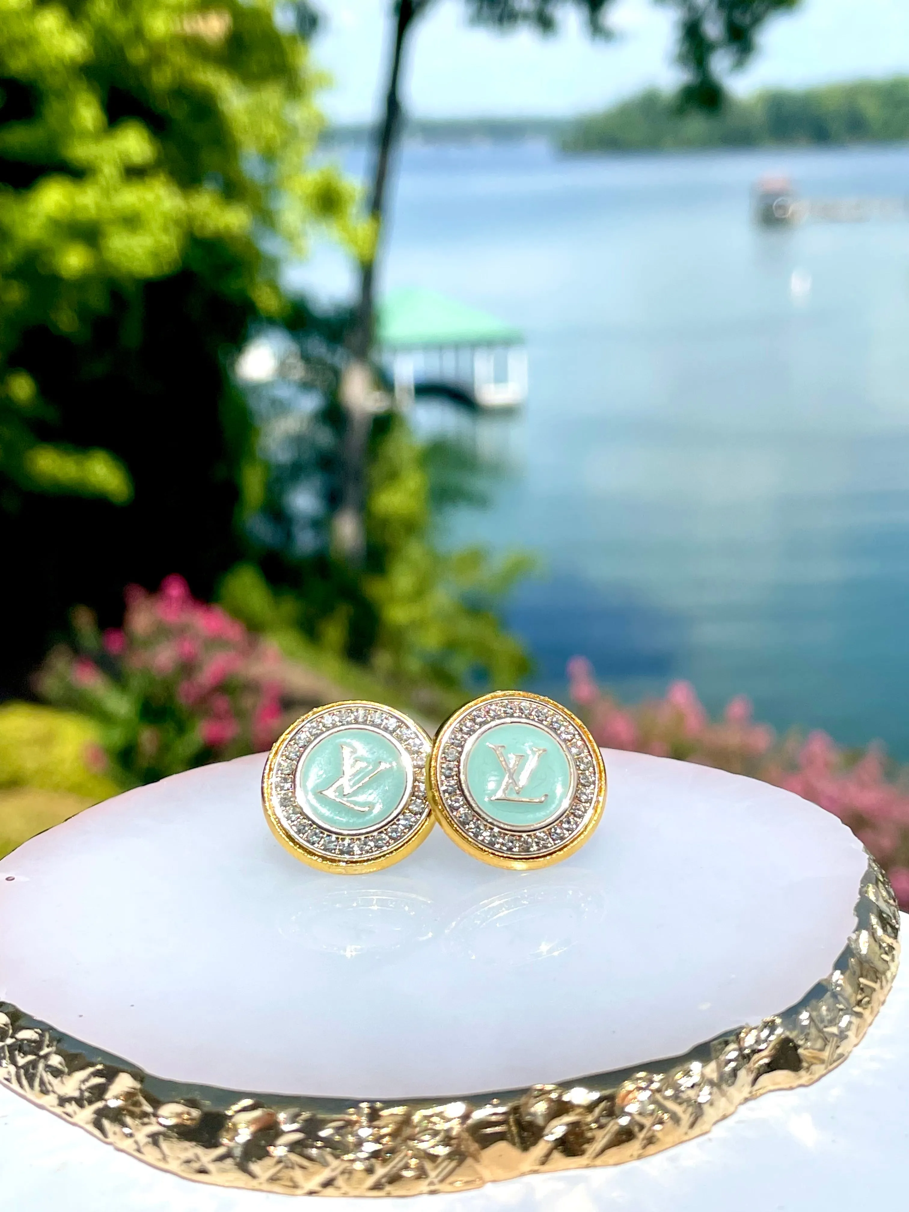 LV Swarovski Crystal Halo Stud Earrings- BLUE