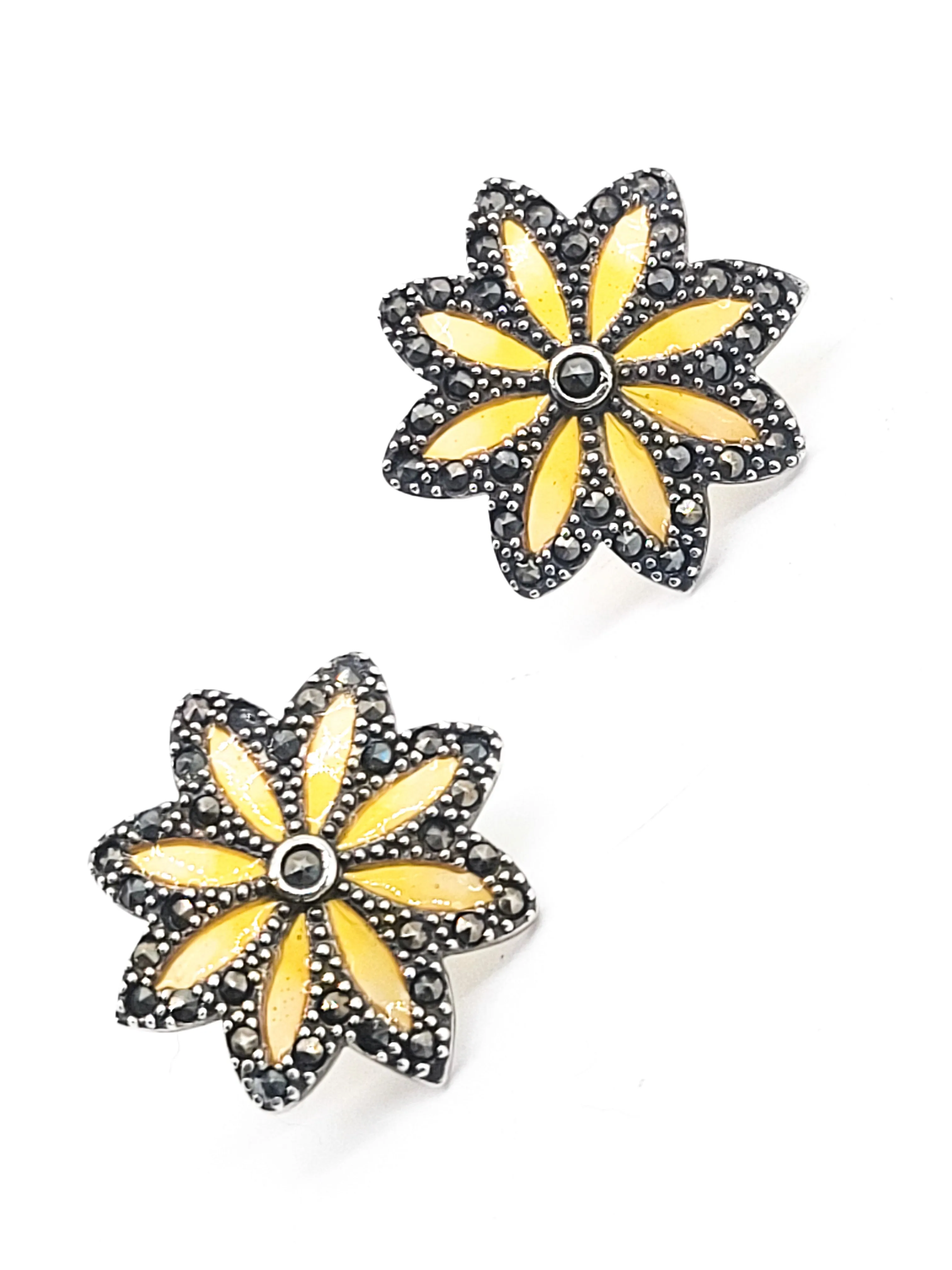 Macy's Plique a jour stained glass yellow flower sterling silver marcasite earrings