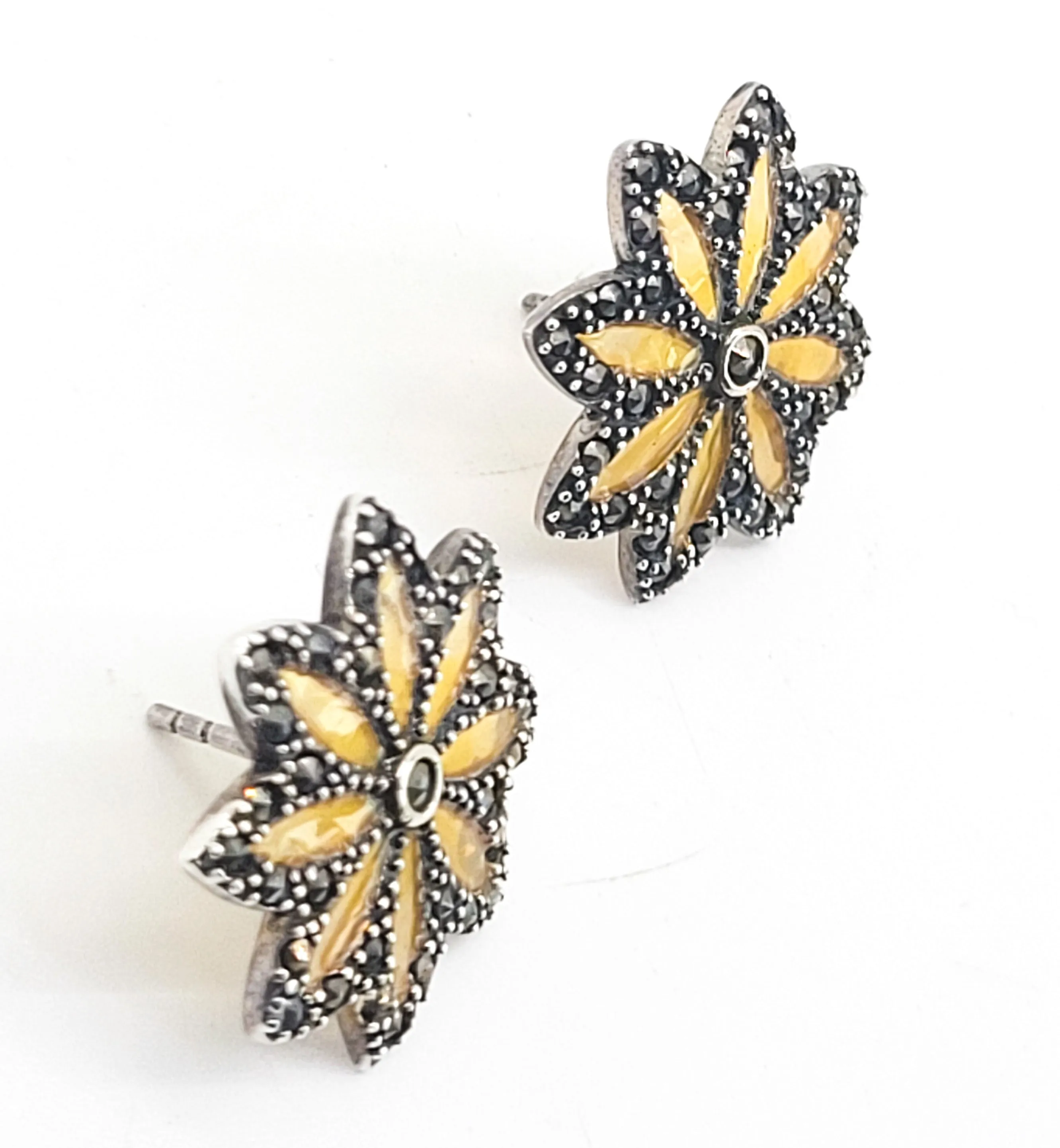 Macy's Plique a jour stained glass yellow flower sterling silver marcasite earrings