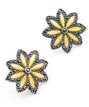 Macy's Plique a jour stained glass yellow flower sterling silver marcasite earrings