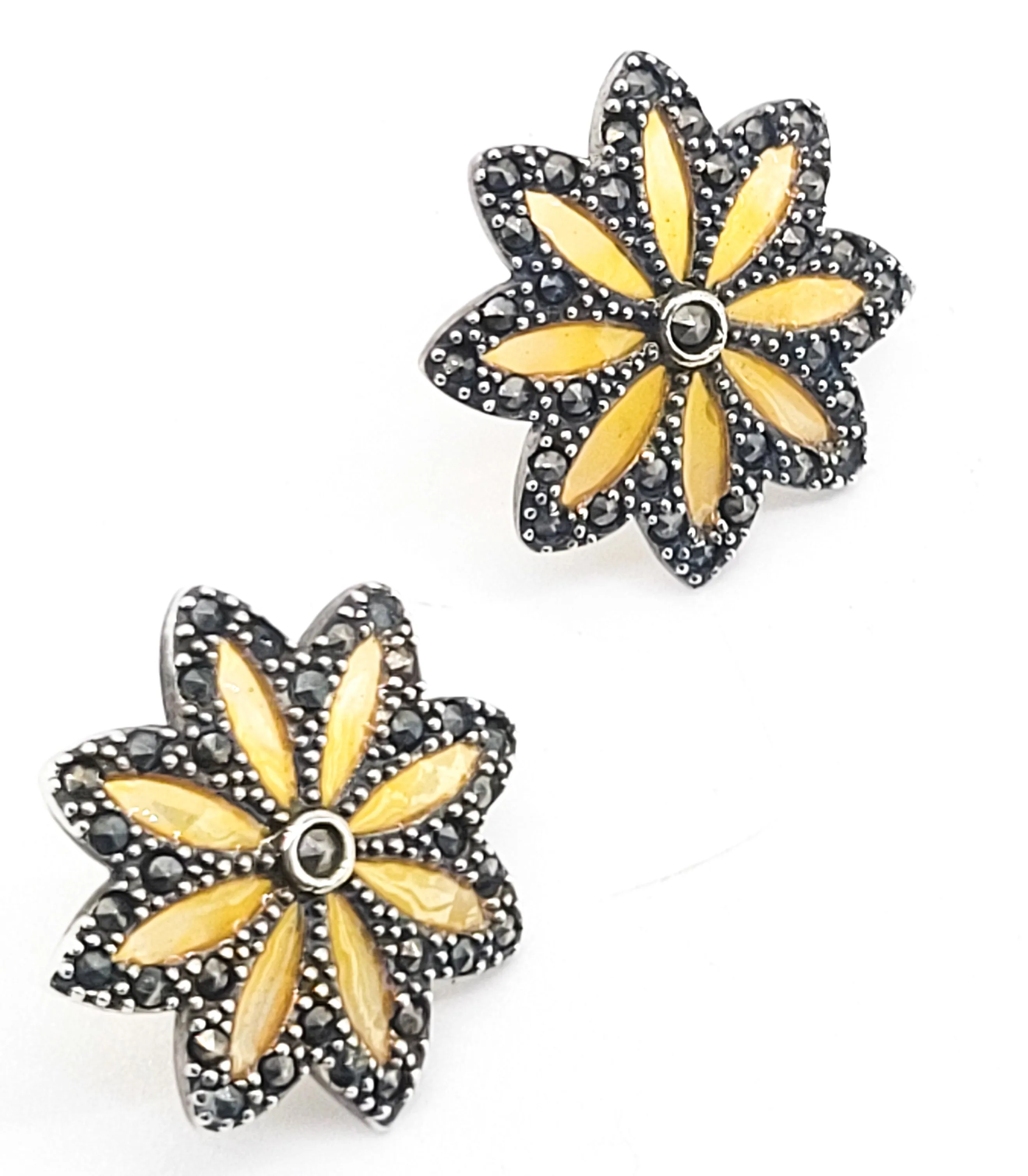 Macy's Plique a jour stained glass yellow flower sterling silver marcasite earrings