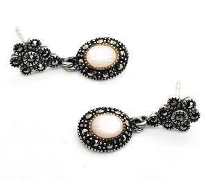 Marcasite Mother of Pearl MOP flower long drop vintage sterling silver earrings