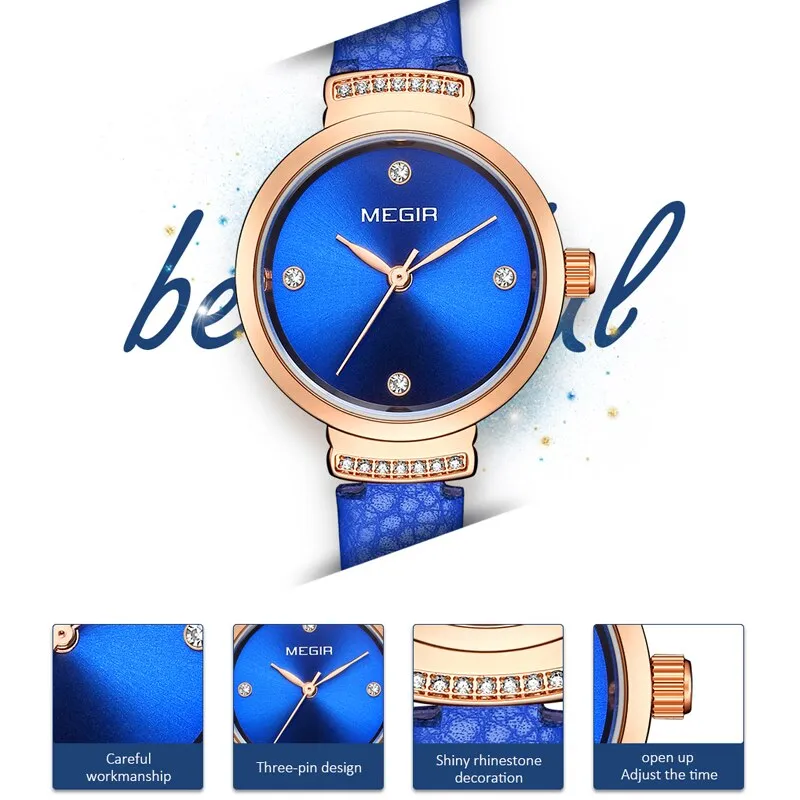MEGIR Luxury Women Watch Fashion Elegant Blue Quartz Watches Lady Leather Small Dress Ladies Watches Female Clock reloj mujer