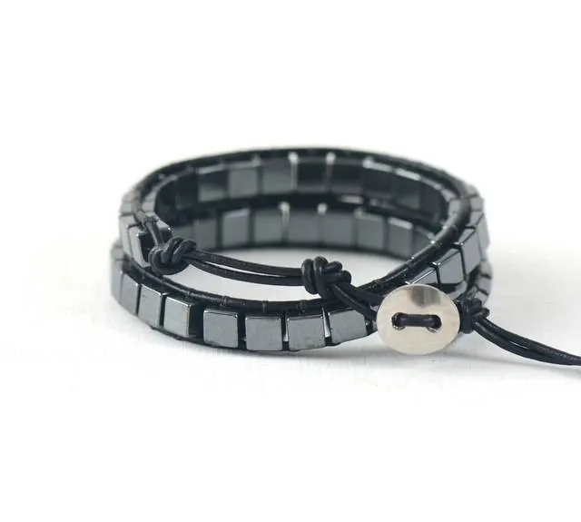 Men Leather Bracelets Square Hematite Stone 2