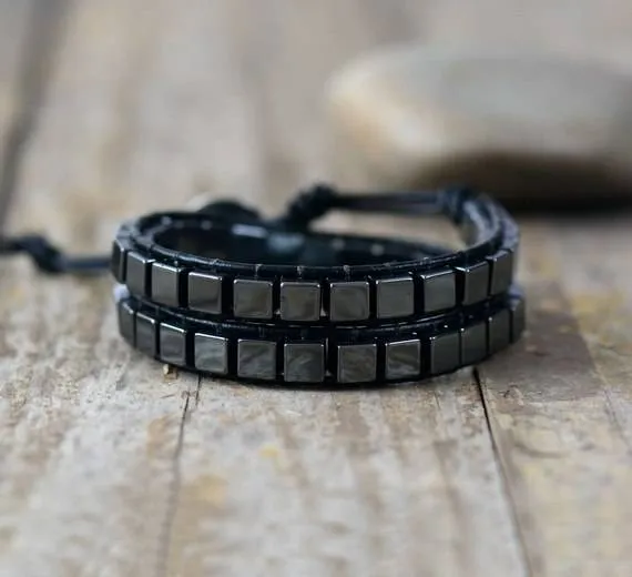 Men Leather Bracelets Square Hematite Stone 2