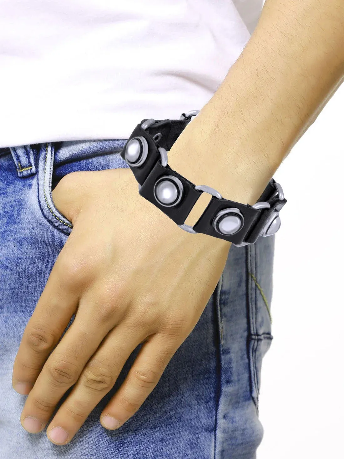 Men's Bullet Biker Genuine Leather Wrist Band Bracelet in Bold Black