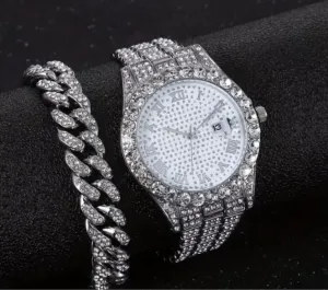 Men's Cubic Zirconia Quartz Watch And 1 Pc Bracelet Brand New Fast Shipping