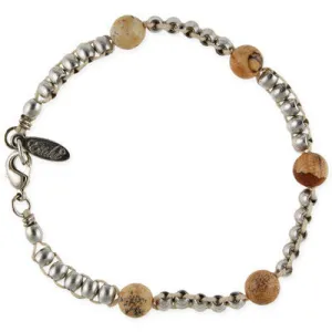 Mens Double Silver Spacer Bead Mens Bracelet on Brown Leather