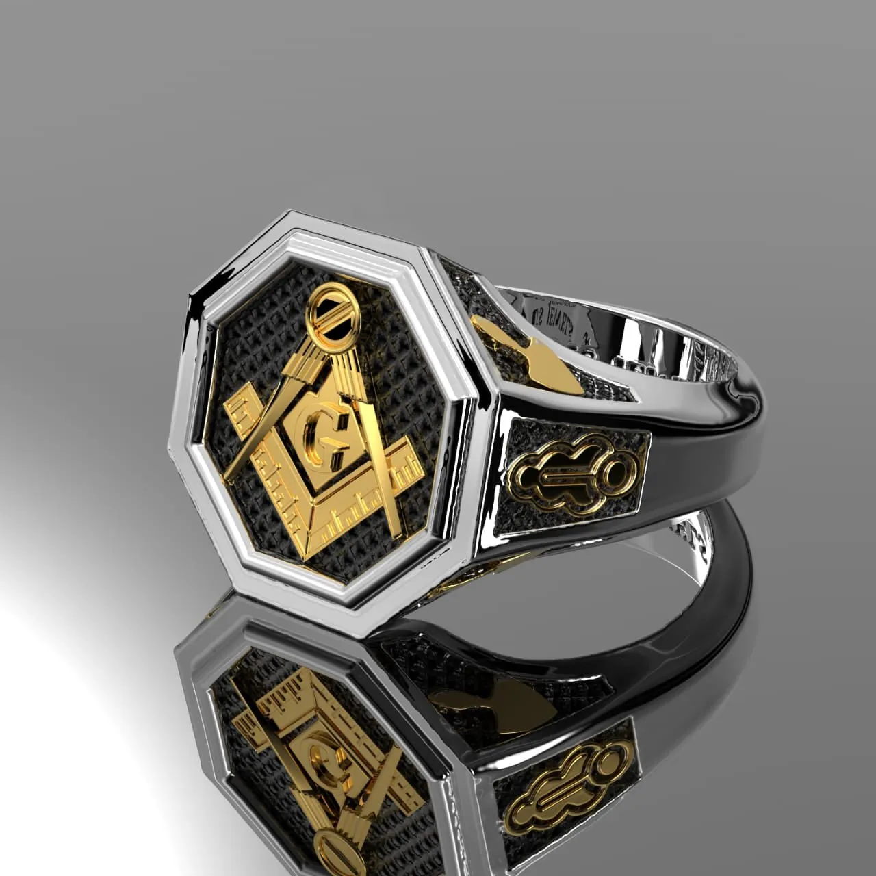 Men's Heavy 925 Sterling Silver & 14K Yellow Gold Master Mason Octagon Ring