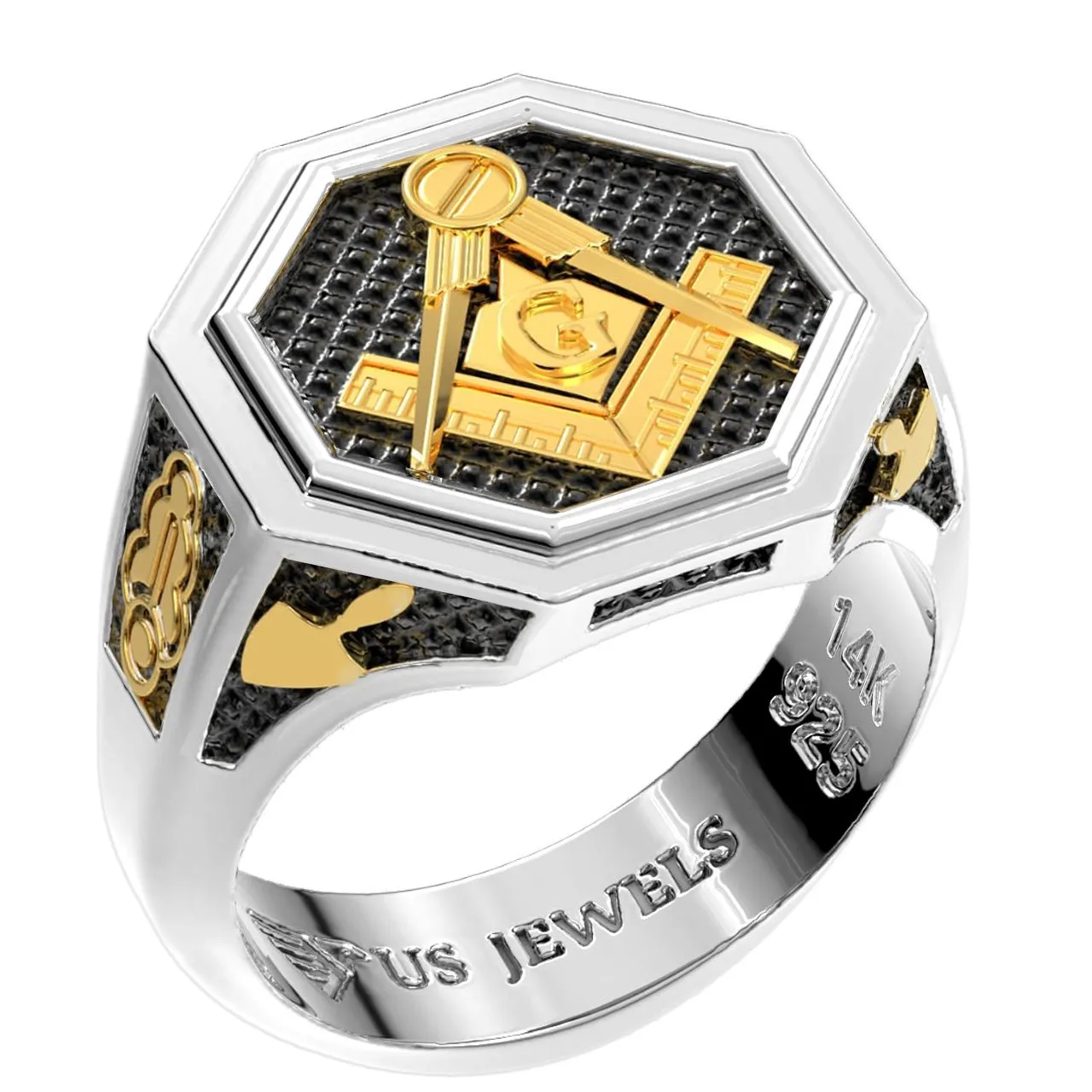Men's Heavy 925 Sterling Silver & 14K Yellow Gold Master Mason Octagon Ring