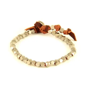 Mens Silver Beaded Bracelet on Rust Leather