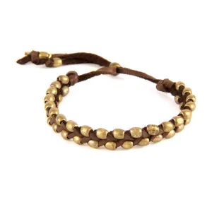Mens Small Dual Barrel Bead Strand Intertwined Brown Deerskin Leather Bracelet
