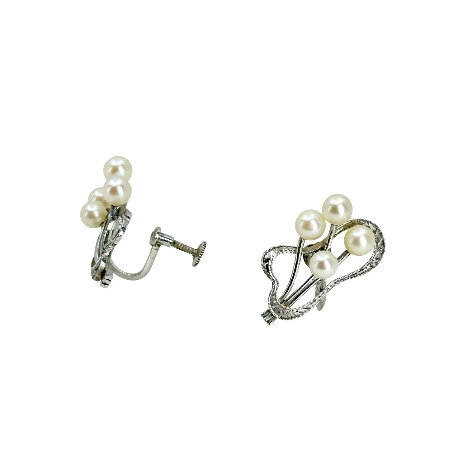 Mikimoto Vintage Abstract Art Nouveau Akoya Saltwater Cultured Pearl Screwback Earrings- Sterling Silver