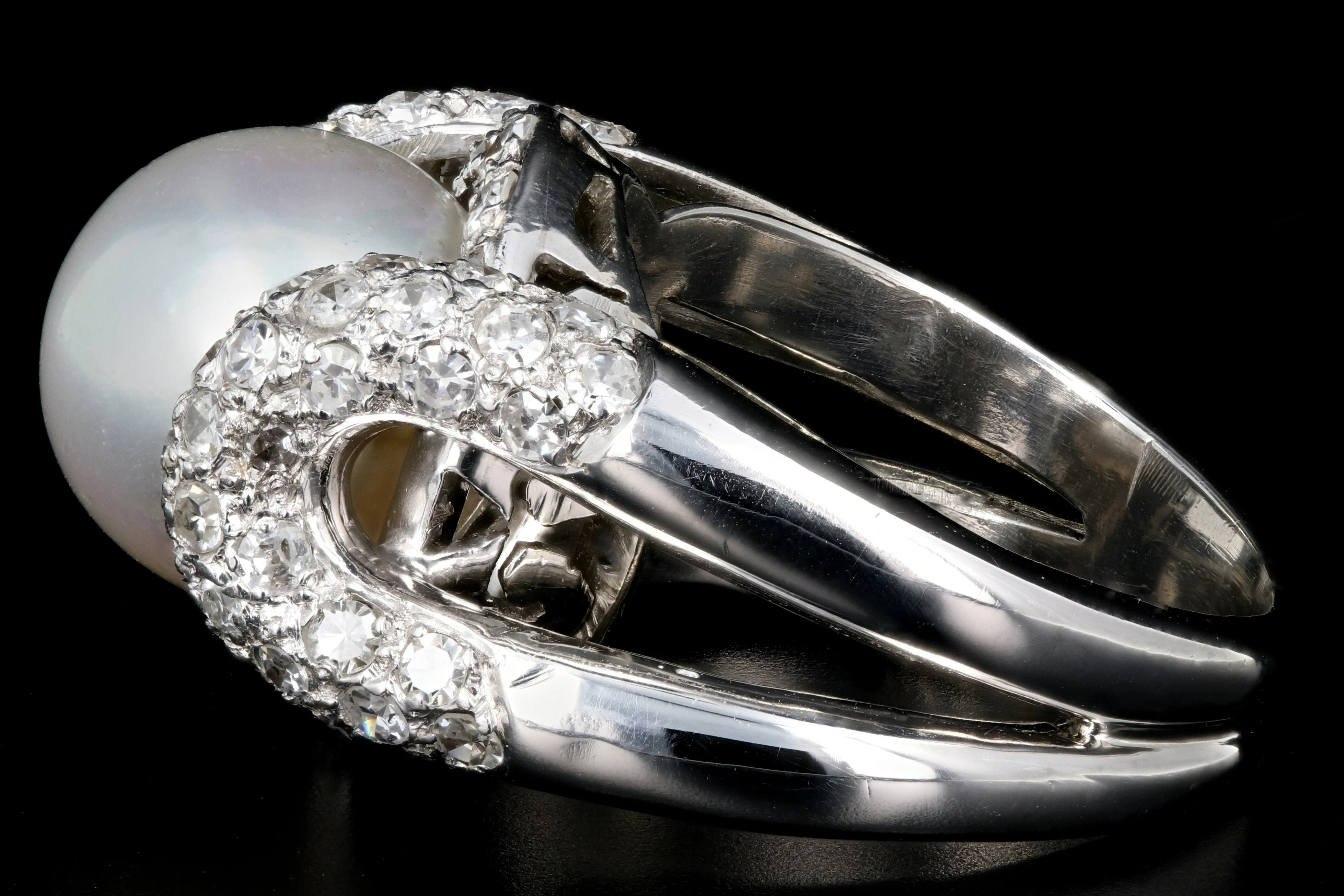 Modern Platinum 10.5mm Pearl and Diamond Ring