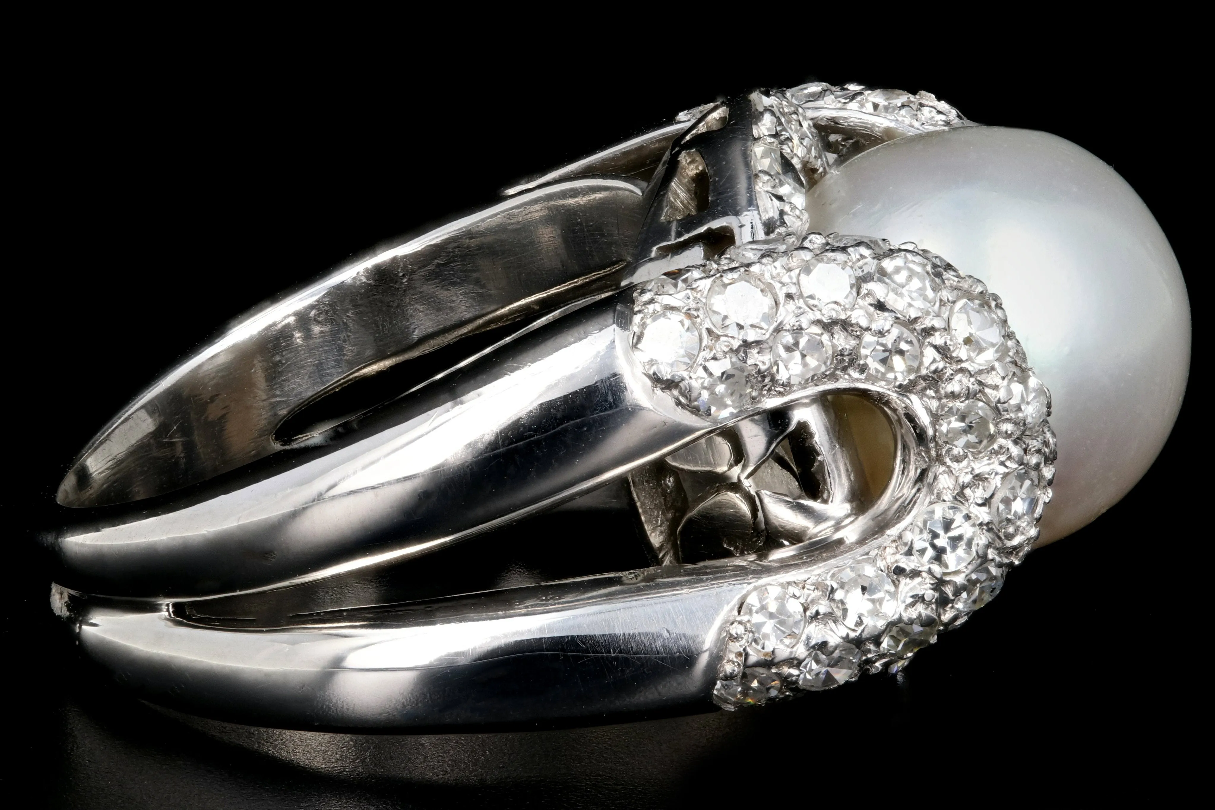 Modern Platinum 10.5mm Pearl and Diamond Ring