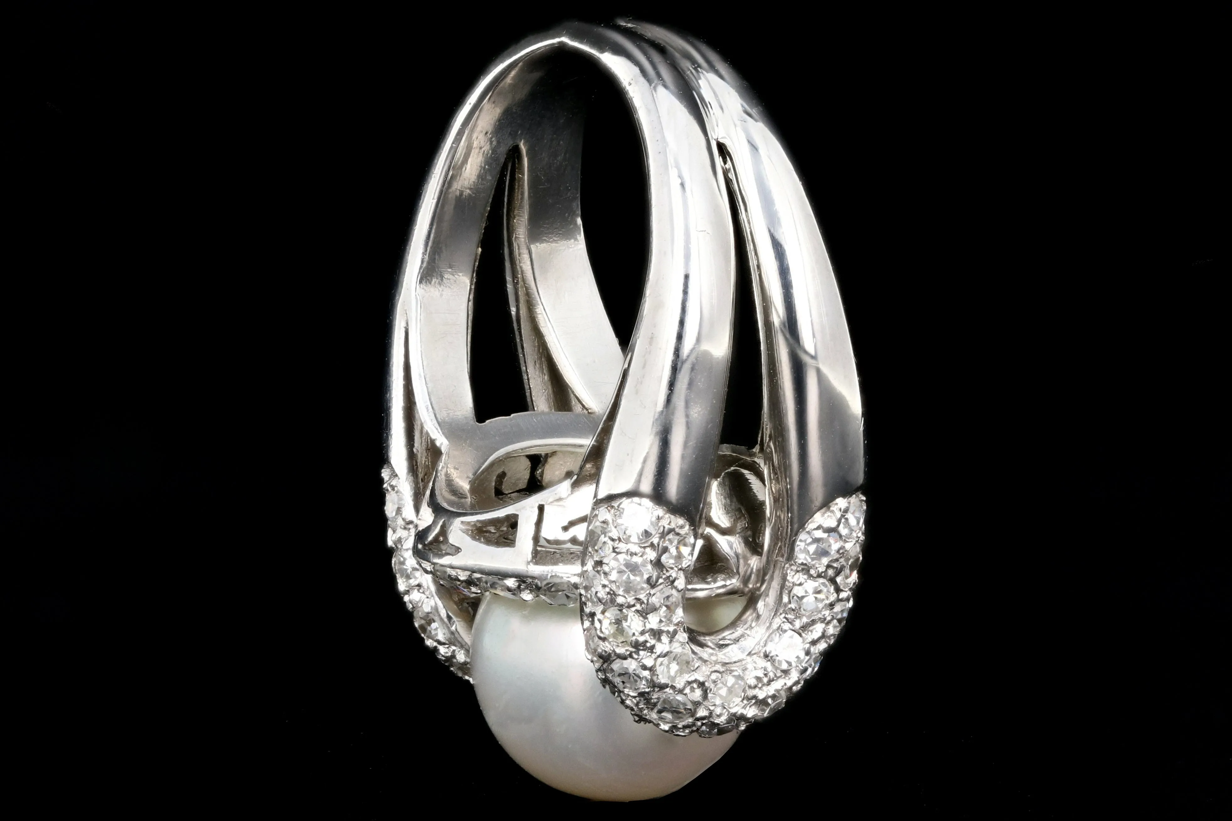 Modern Platinum 10.5mm Pearl and Diamond Ring