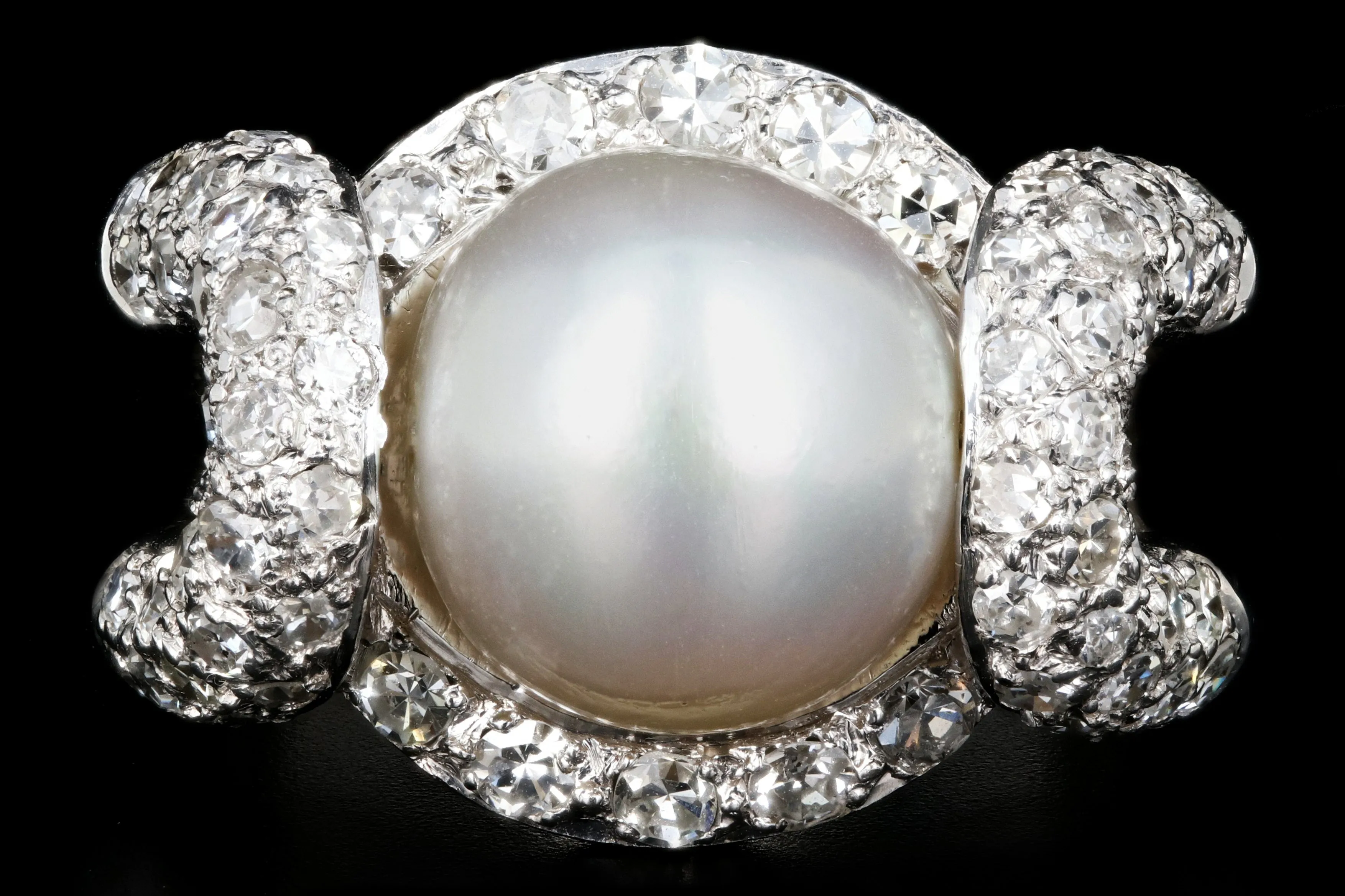 Modern Platinum 10.5mm Pearl and Diamond Ring