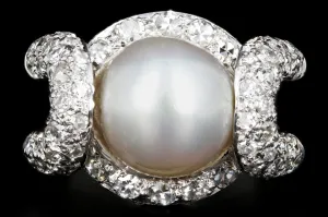 Modern Platinum 10.5mm Pearl and Diamond Ring