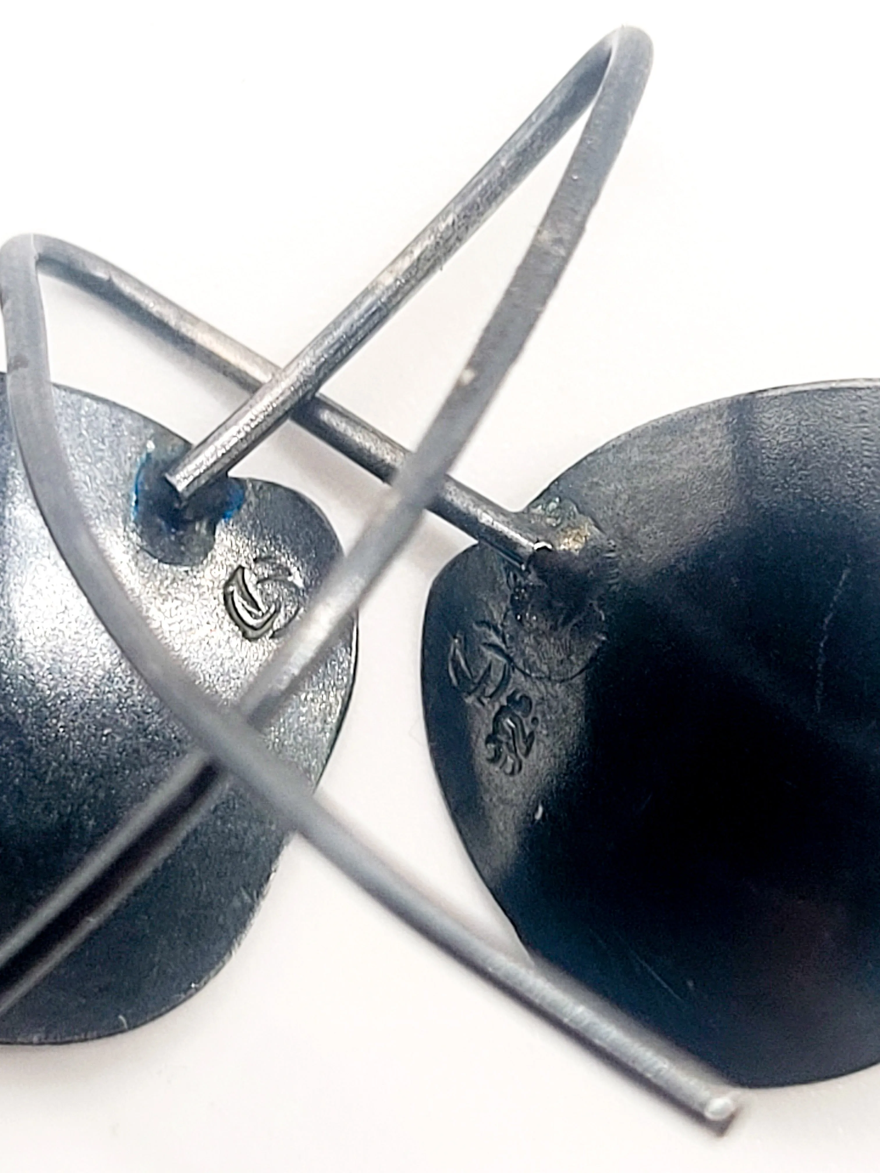 Modernist abstract black onyx sterling silver vintage drop earrings signed