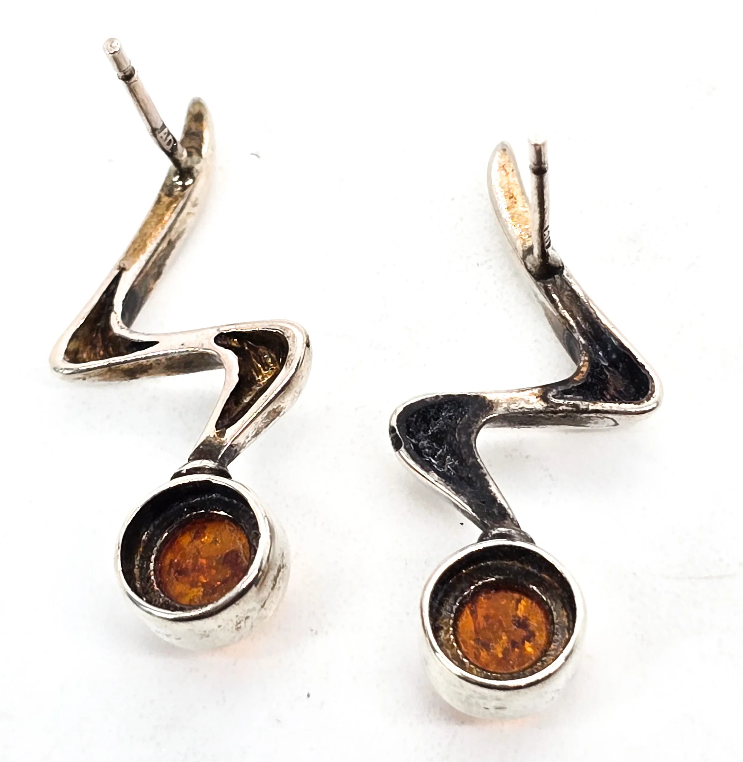 Modernist abstract cognac Baltic  Amber zig zag vintage sterling silver earrings