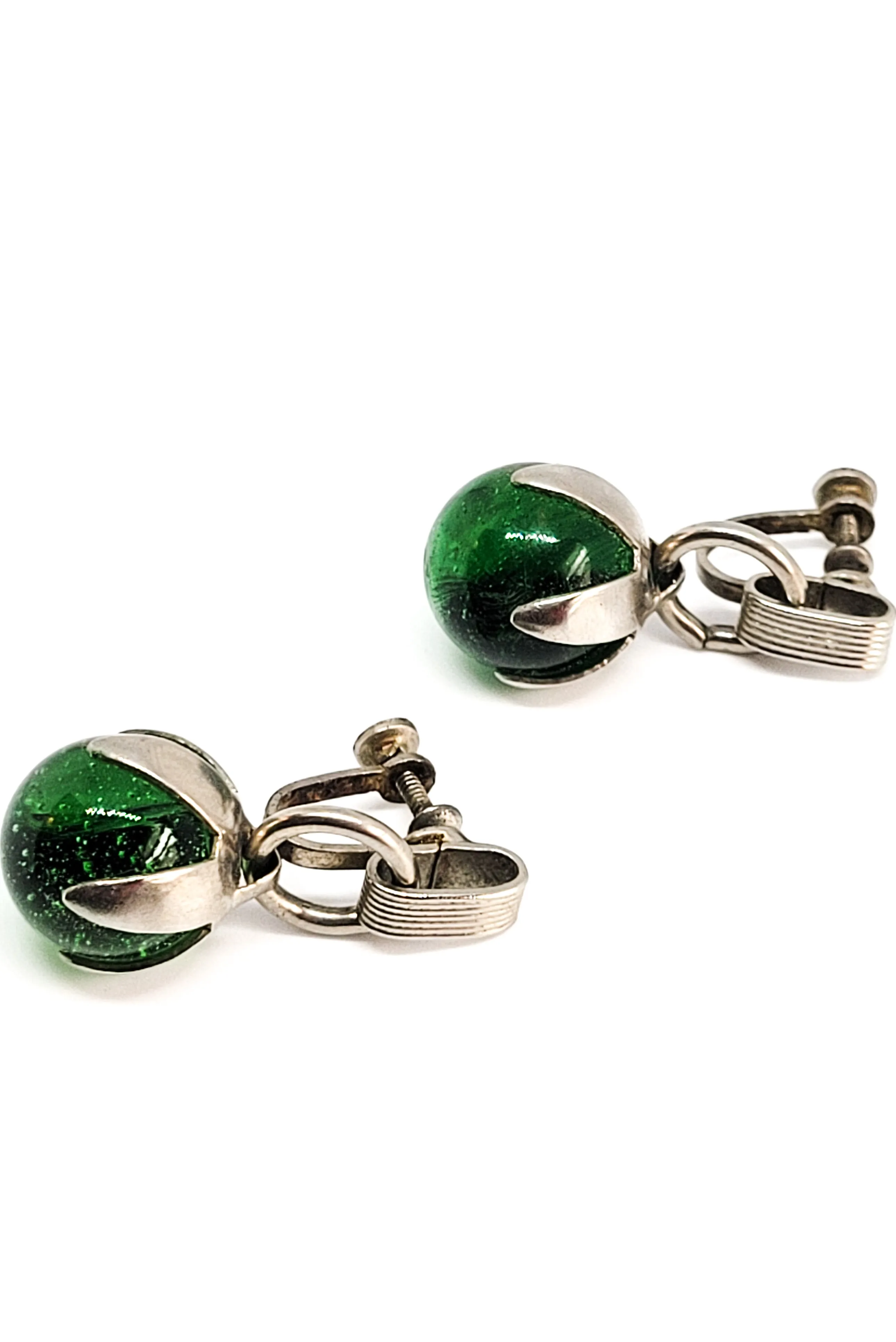 Modernist green Czech glass globe vintage drop screw back earrings