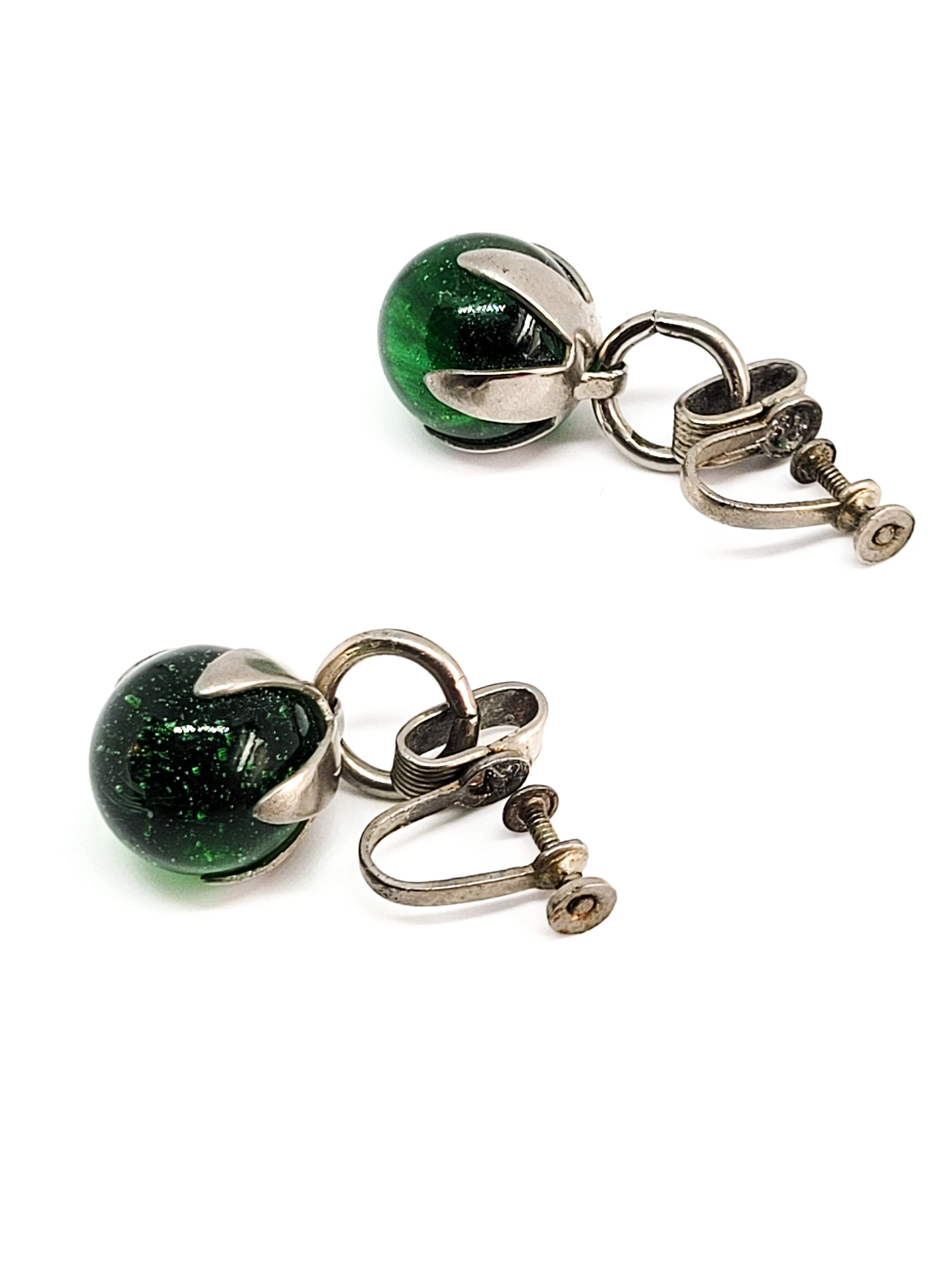 Modernist green Czech glass globe vintage drop screw back earrings