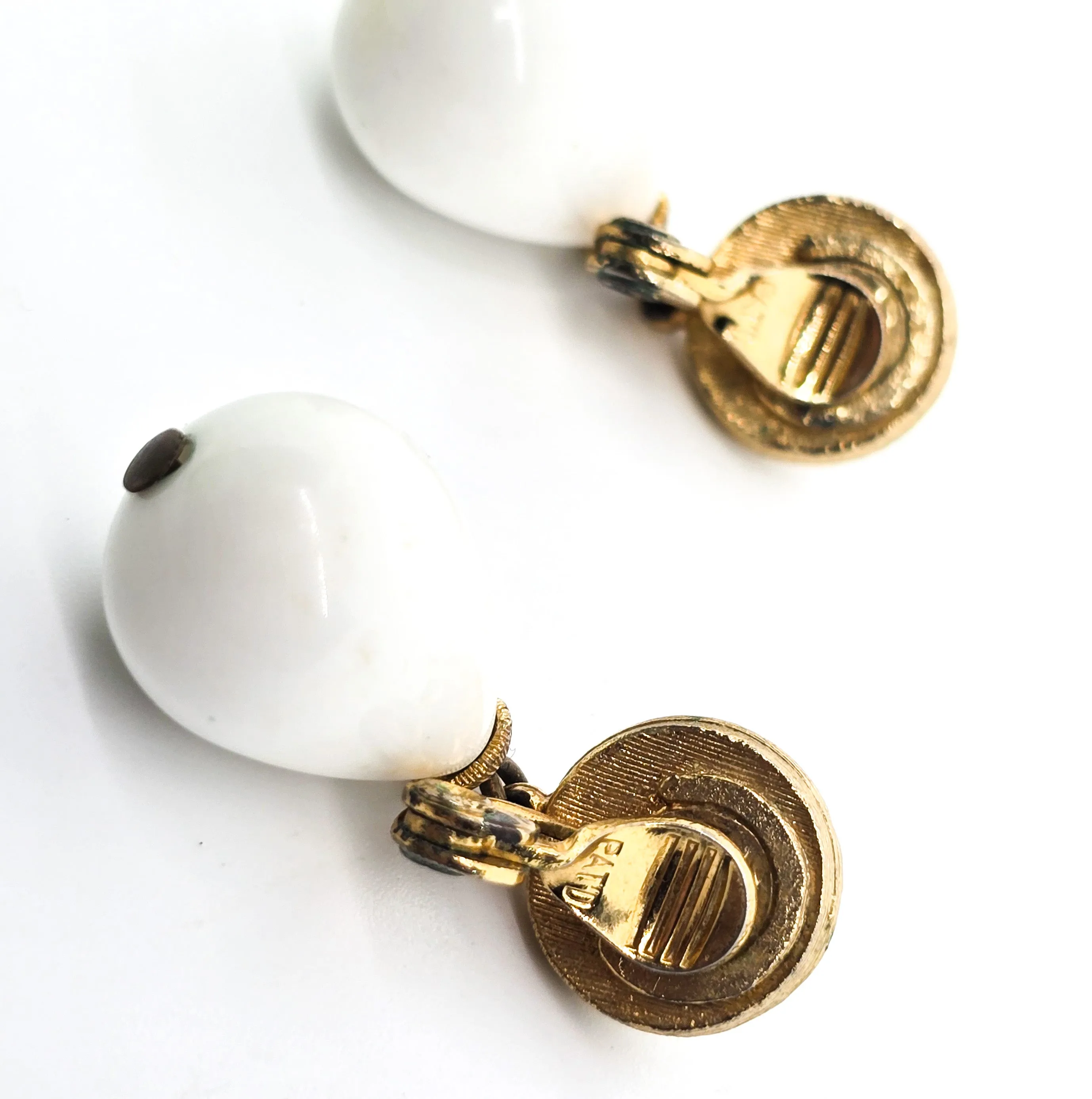Monet Gold and white Lucite retro vintage signed clip on earrings