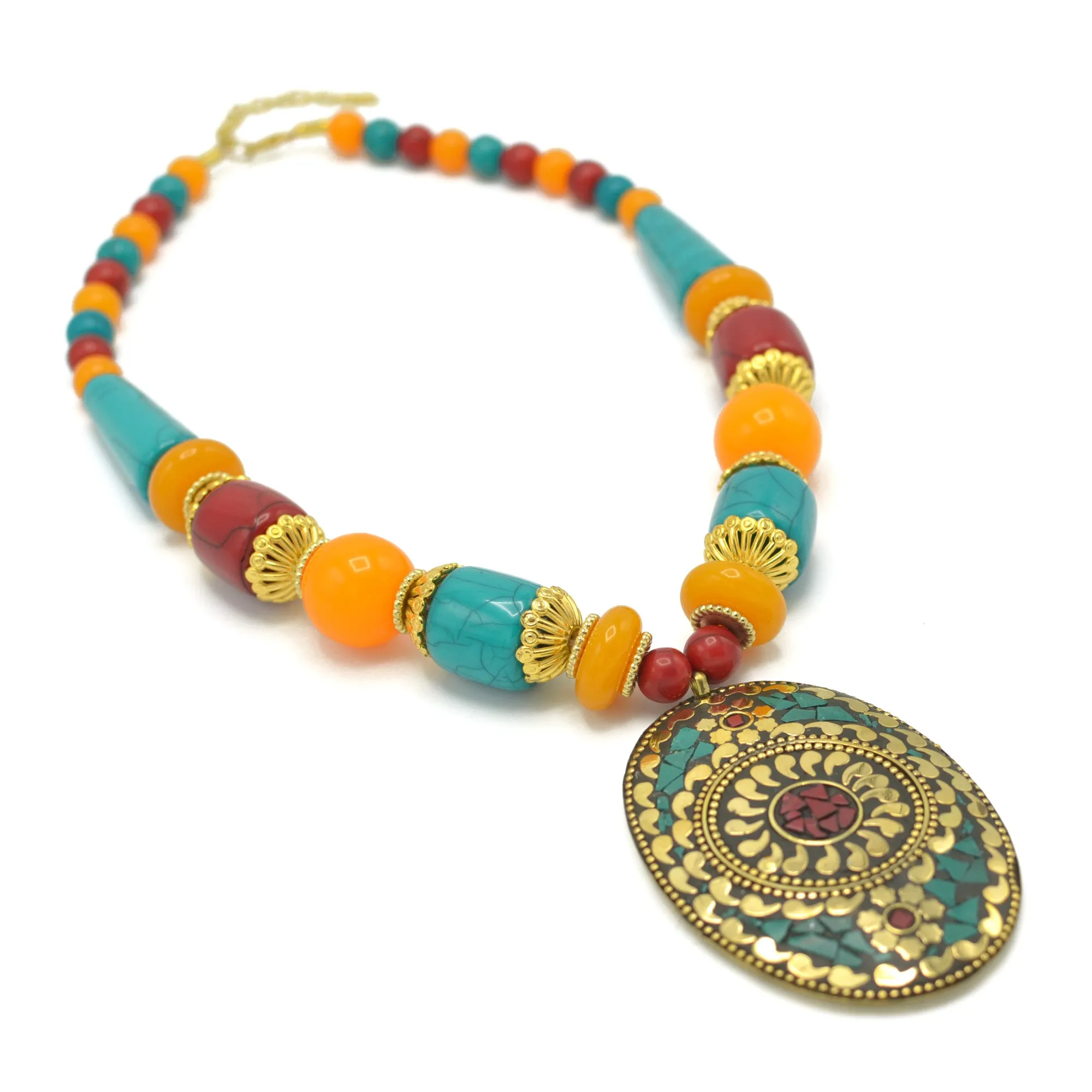 MULTI-COLOR BEAD GOLD OVAL PENDANT NECKLACE #FWNK-2201-07
