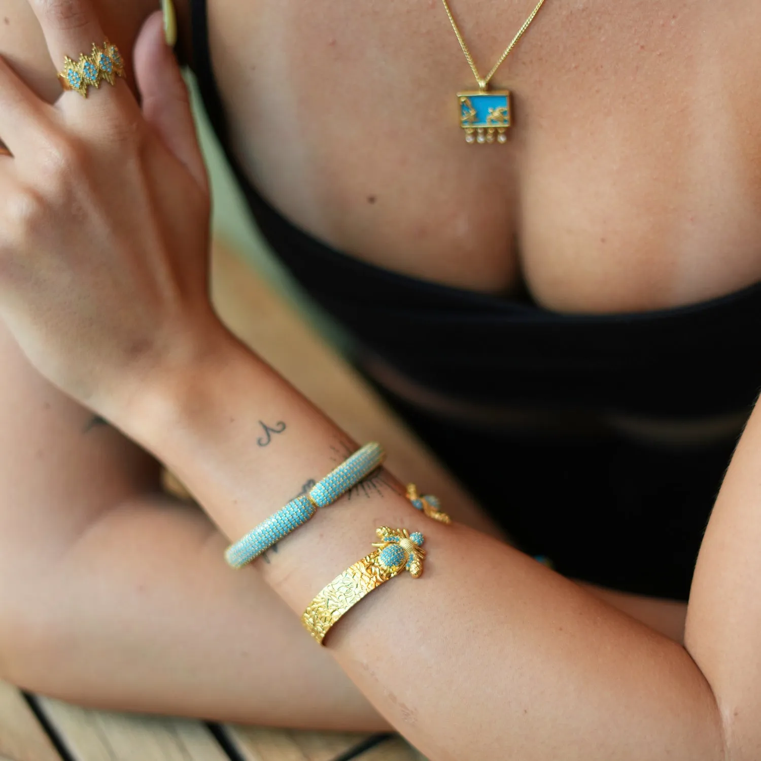 Mystic Design Gold & Turquoise Honey Bee Cuff Bracelet