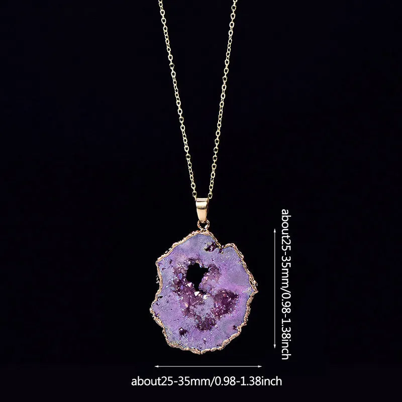 Natural Agate Quartz Geode Slice Pendant Crystal Necklace