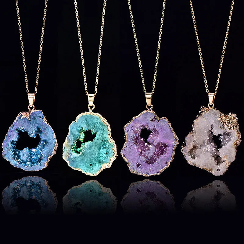 Natural Agate Quartz Geode Slice Pendant Crystal Necklace