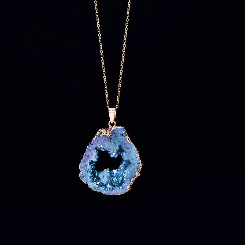 Natural Agate Quartz Geode Slice Pendant Crystal Necklace